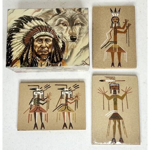 Set Of 3 Navajo Sand Painting Art 5 x 7 Signed designed Cedar Box - Picture 1 of 13